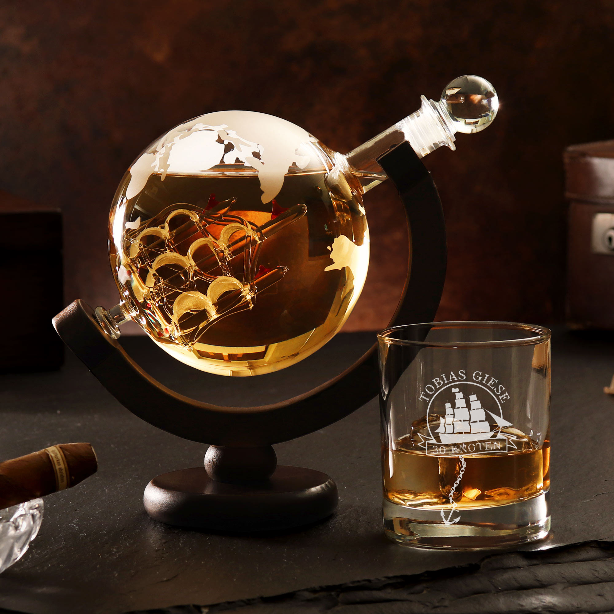 Rum Set - Globus Karaffe und Rumglas mit Gravur zum Geburtstag