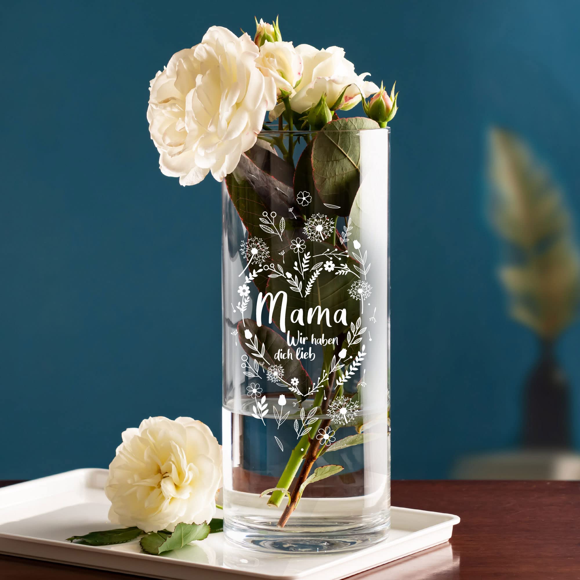 Runde Vase mit Gravur - Blumenherz Mama Runde Vase mit Gravur - Blumenherz Mama