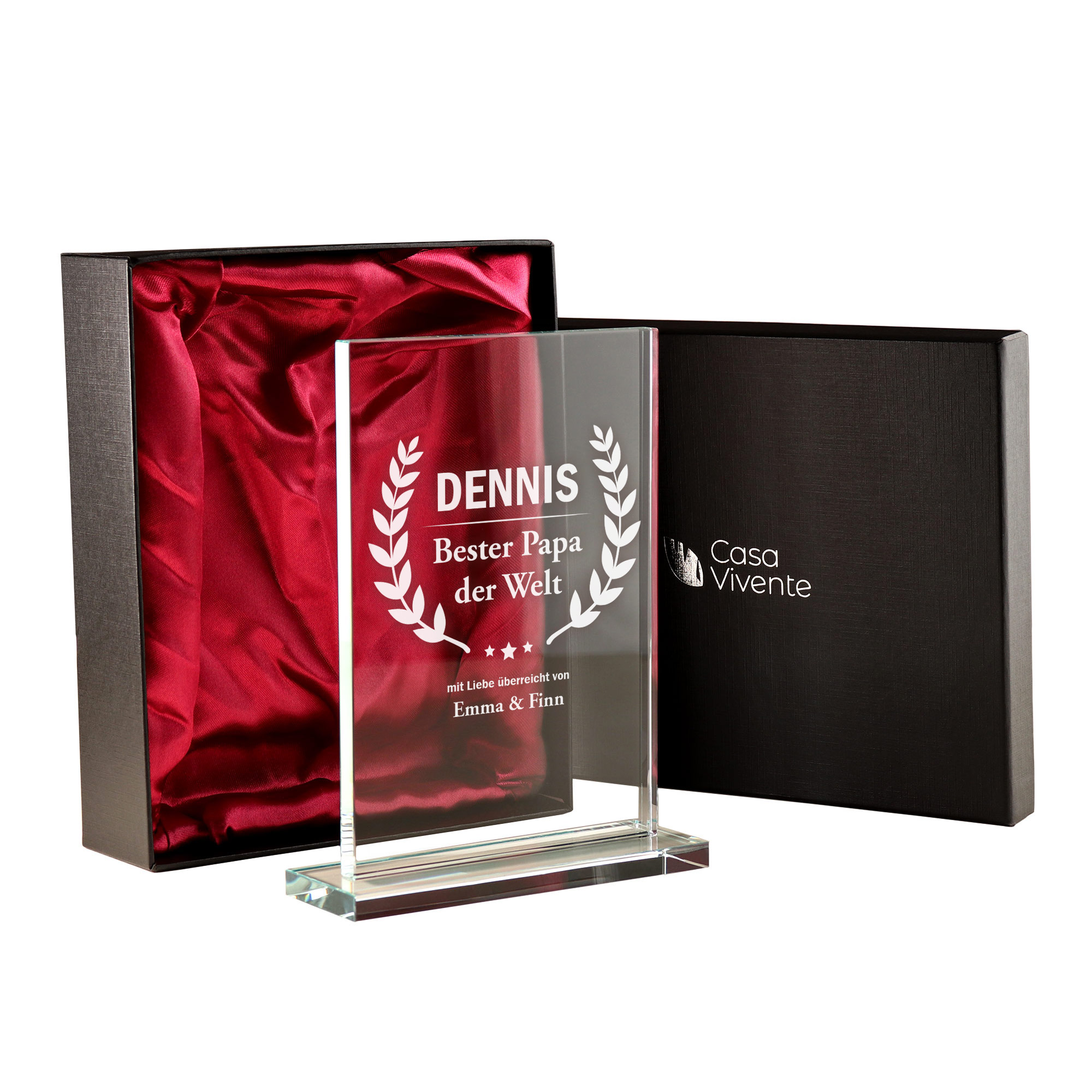 Auszeichnung für den Besten Papa - personalisierter Pokal aus Glas, Glastrophäe als Vatertagsgeschenk, Glaspokal mit Gravur für Vater, edle Glasdek