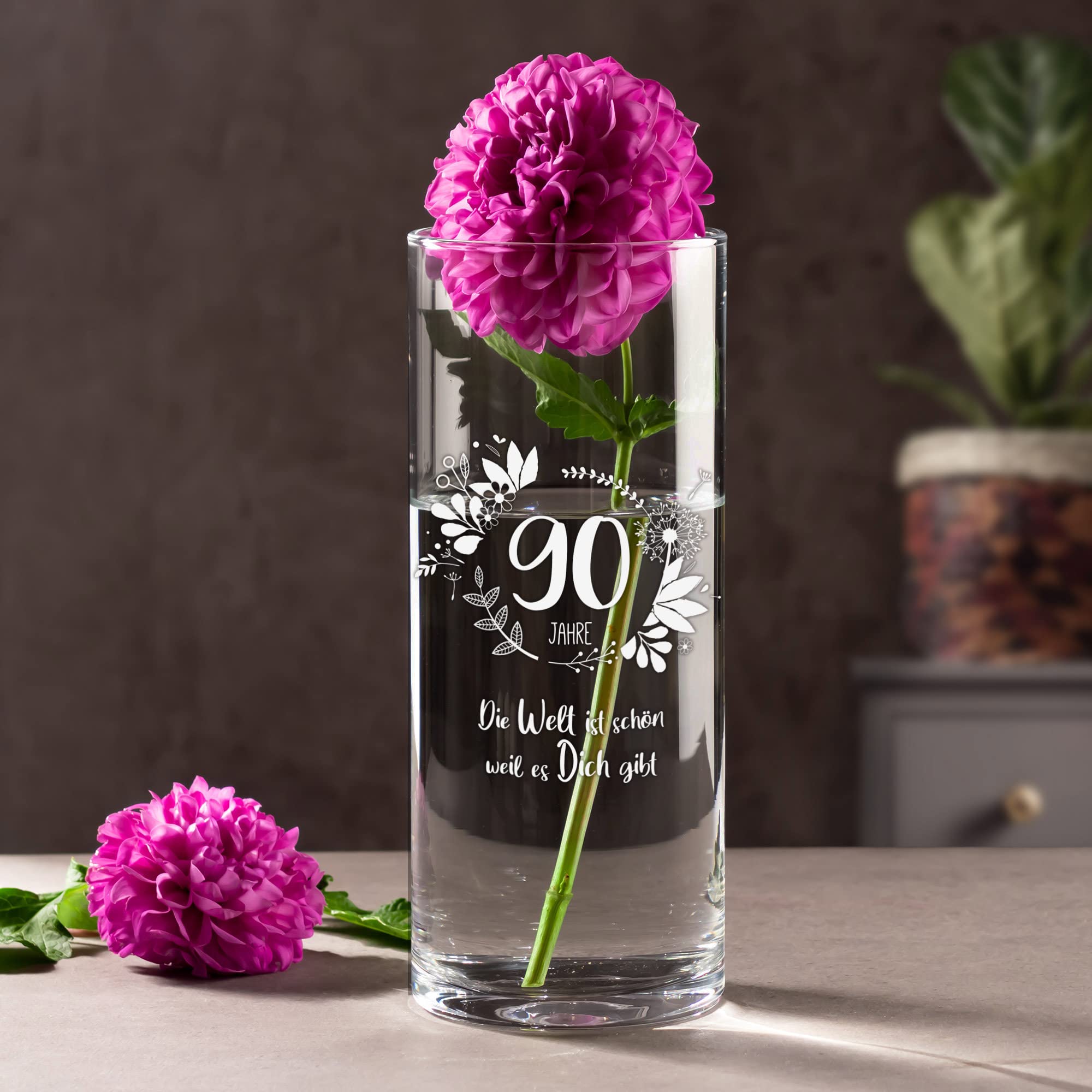 Runde Vase mit Gravur zum 90. Geburtstag