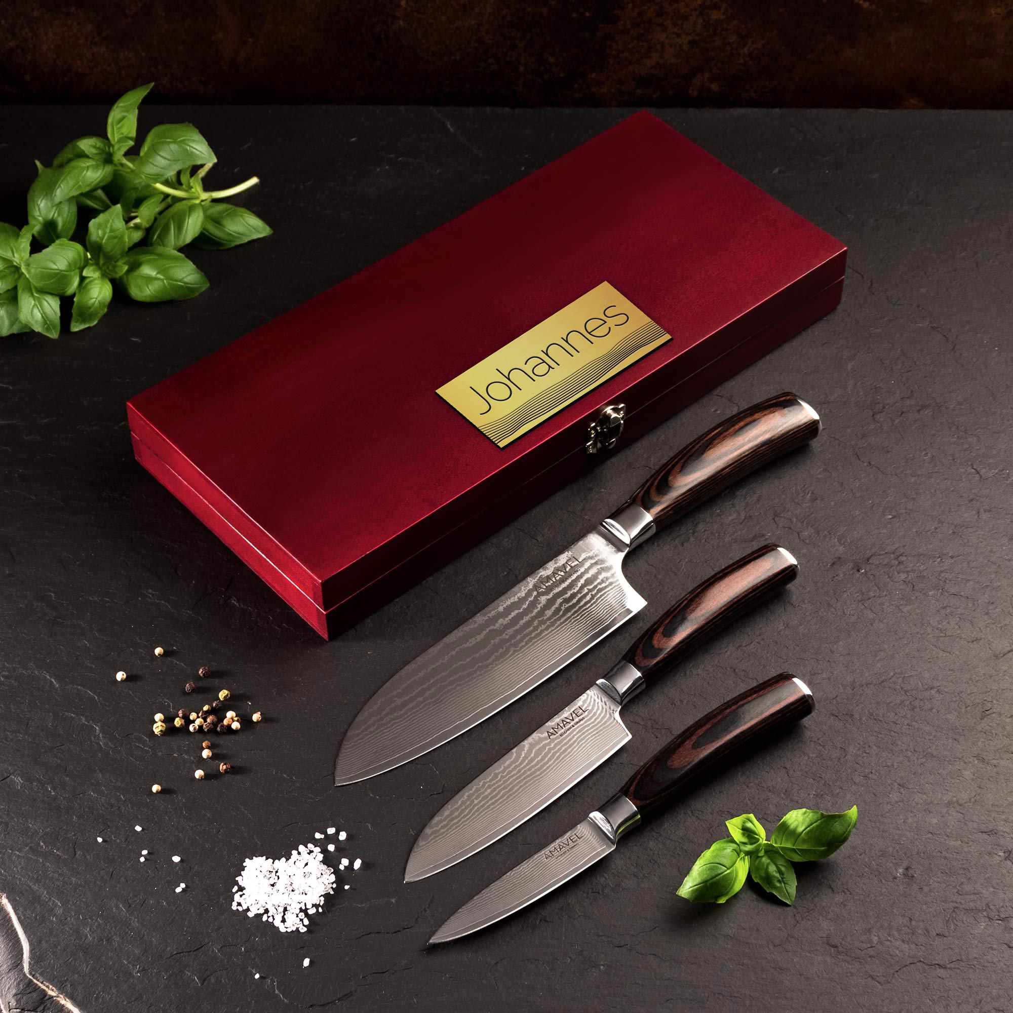 Damaszener Messer in gravierter Holzbox - 3er Set