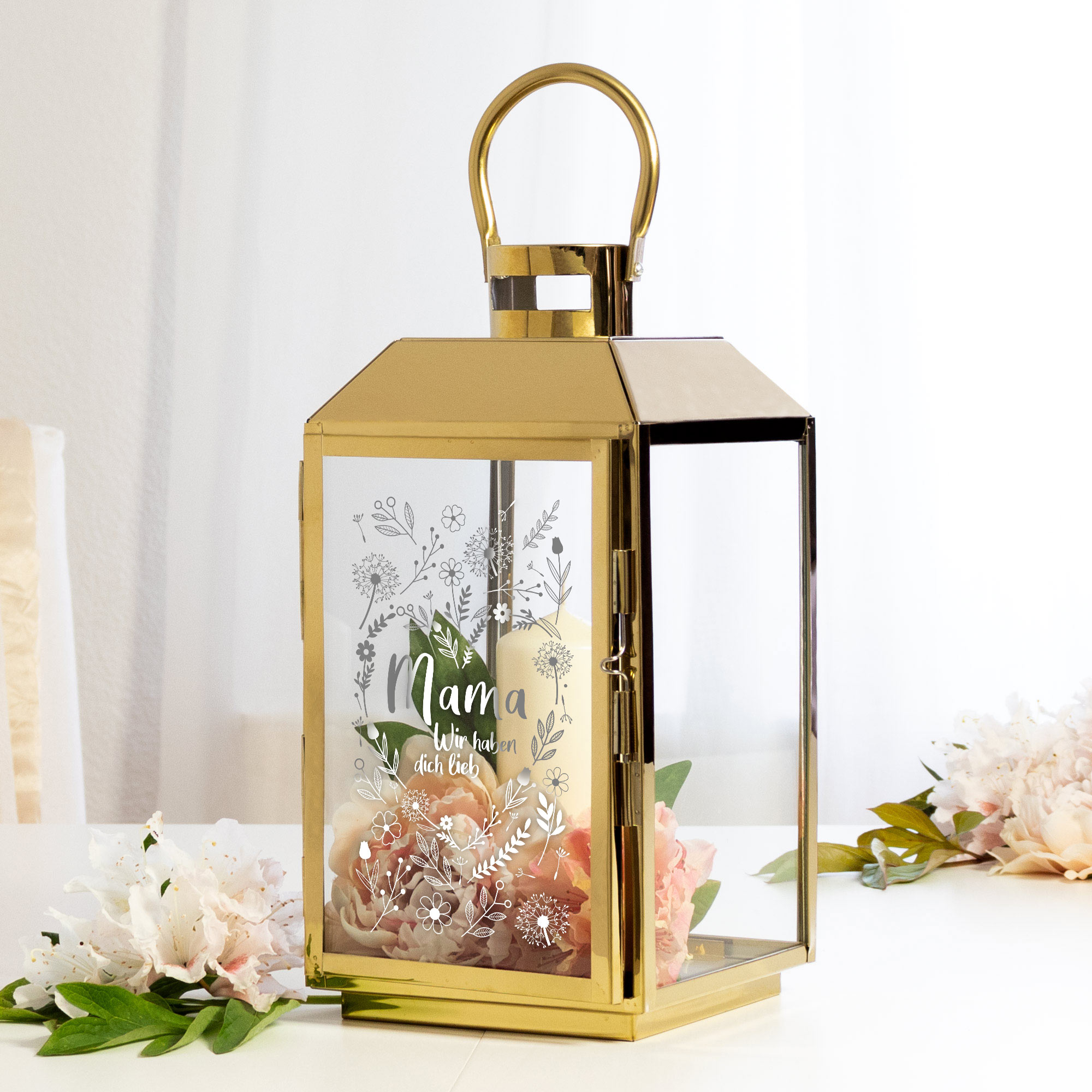 Gold Laterne mit Gravur - Blumenherz für Mama