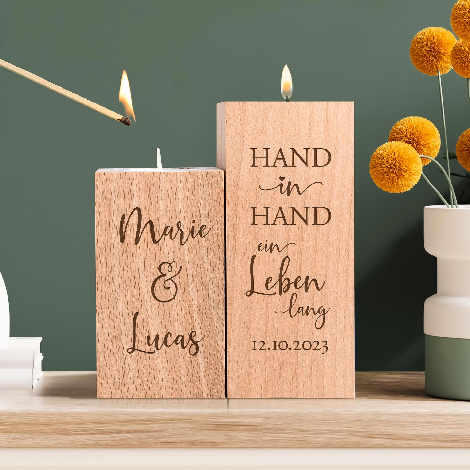 Teelichthalter Set - Eckig - Hochzeitspruch - Hand in Hand - Personalisiert