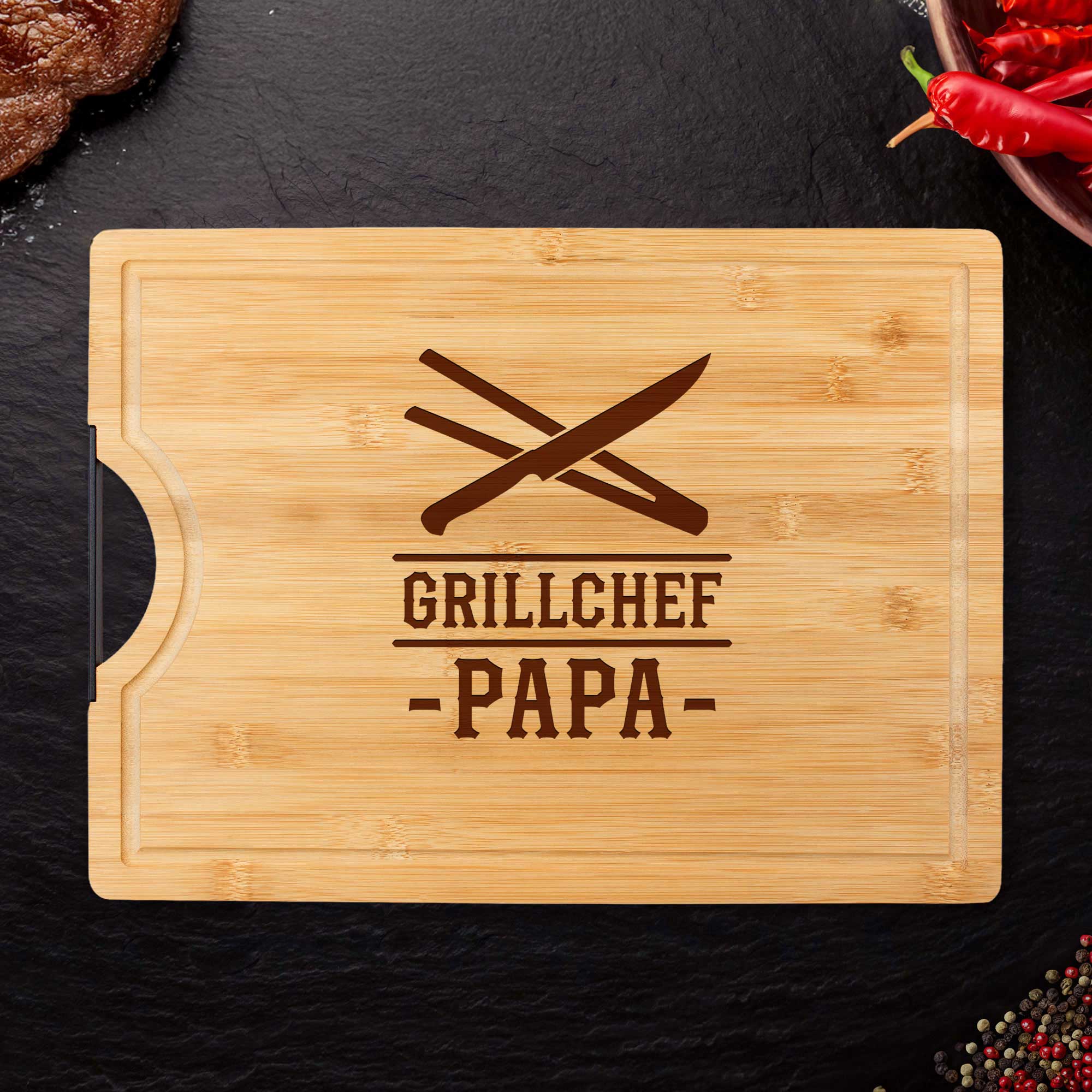 Bambusholz Grillbrett mit Metallgriff - Grillchef Papa