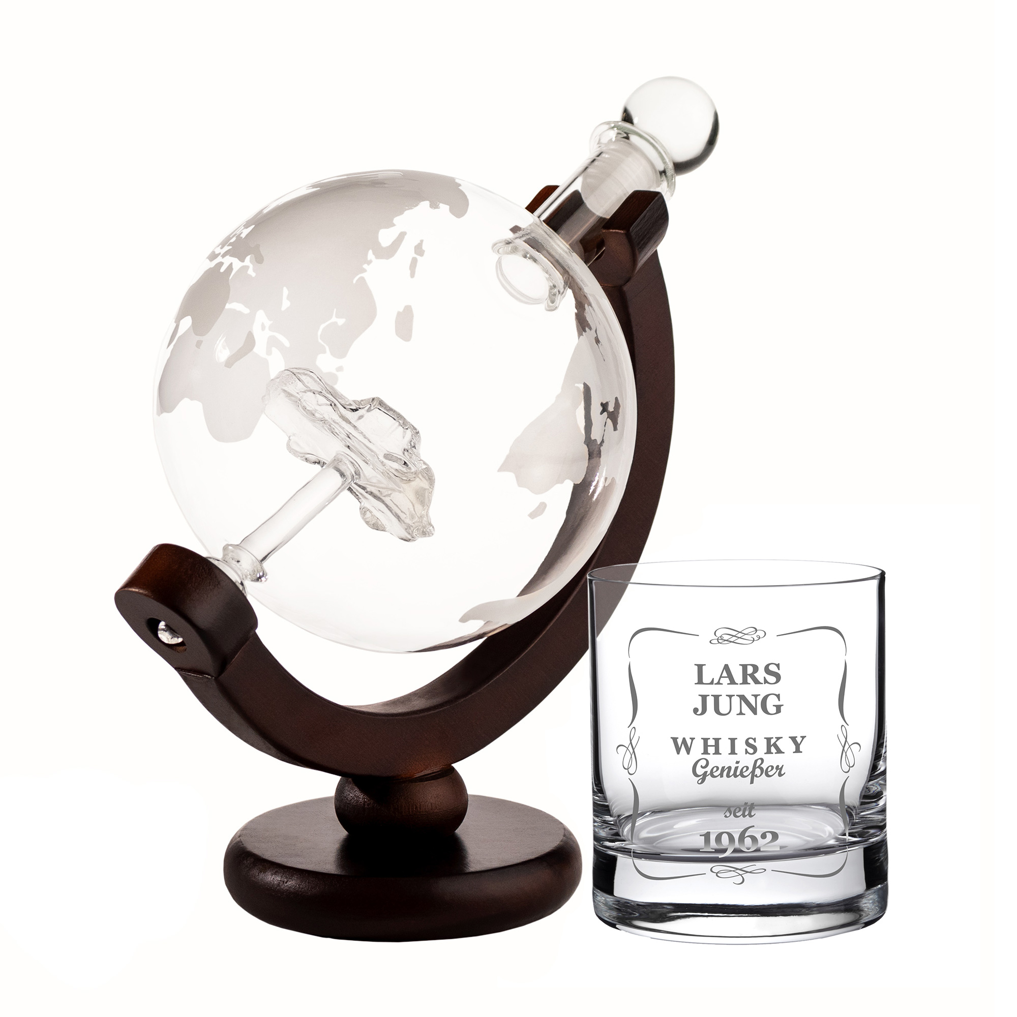 Whisky Set - Whisky Karaffe Globus mit Auto und Whiskyglas mit Gravur