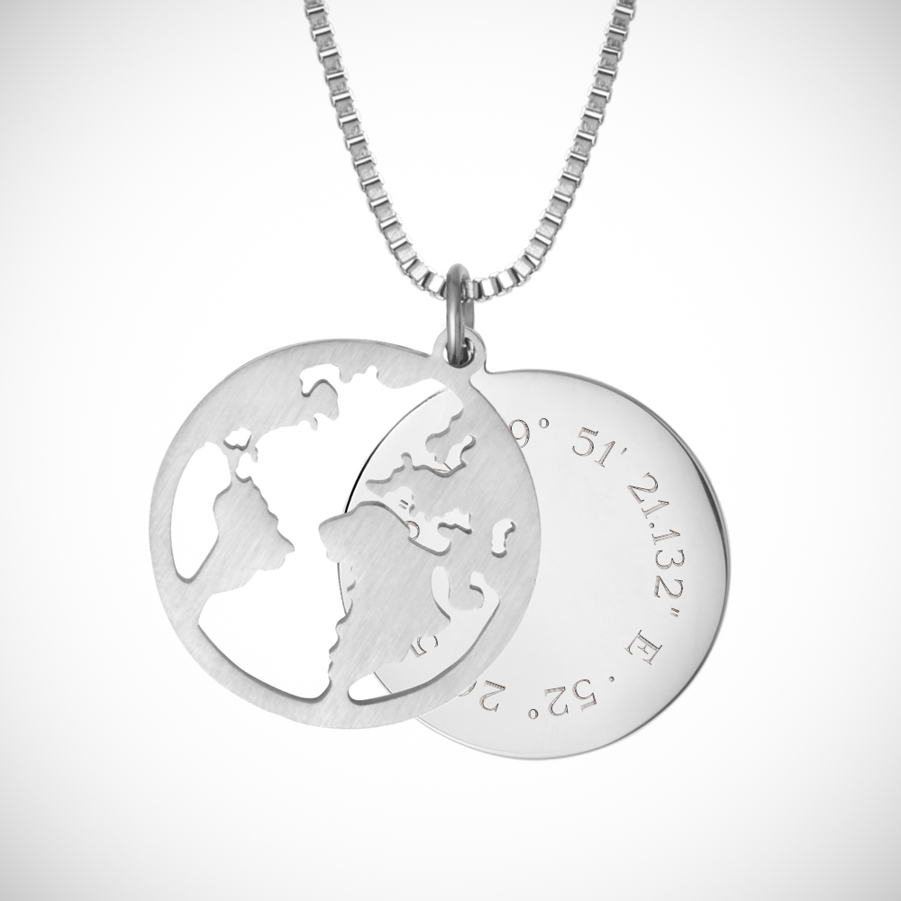 Halskette mit Gravur - Globus und Geokoordinaten - Silber - Personalisiert