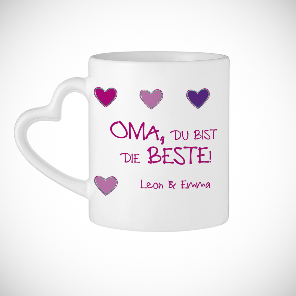 Bedruckte Tasse - Fototasse Beste Oma - Herz Henkel - Personalisiert