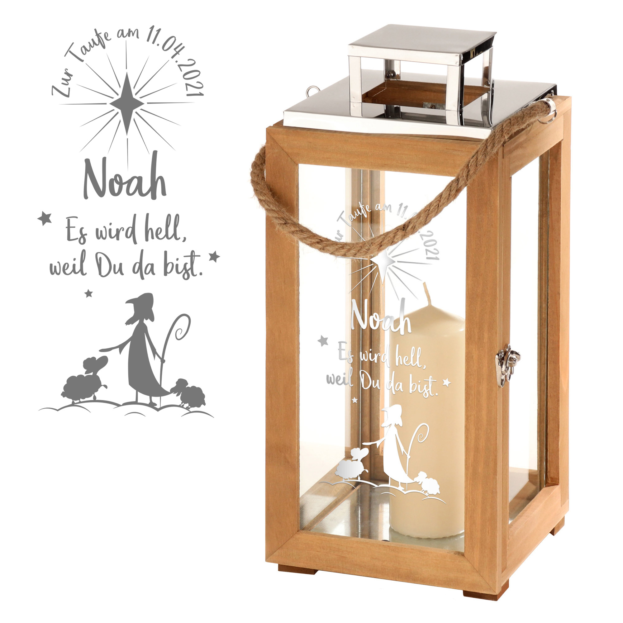 Laterne - Holz - Taufe - Hirte - Personalisiert
