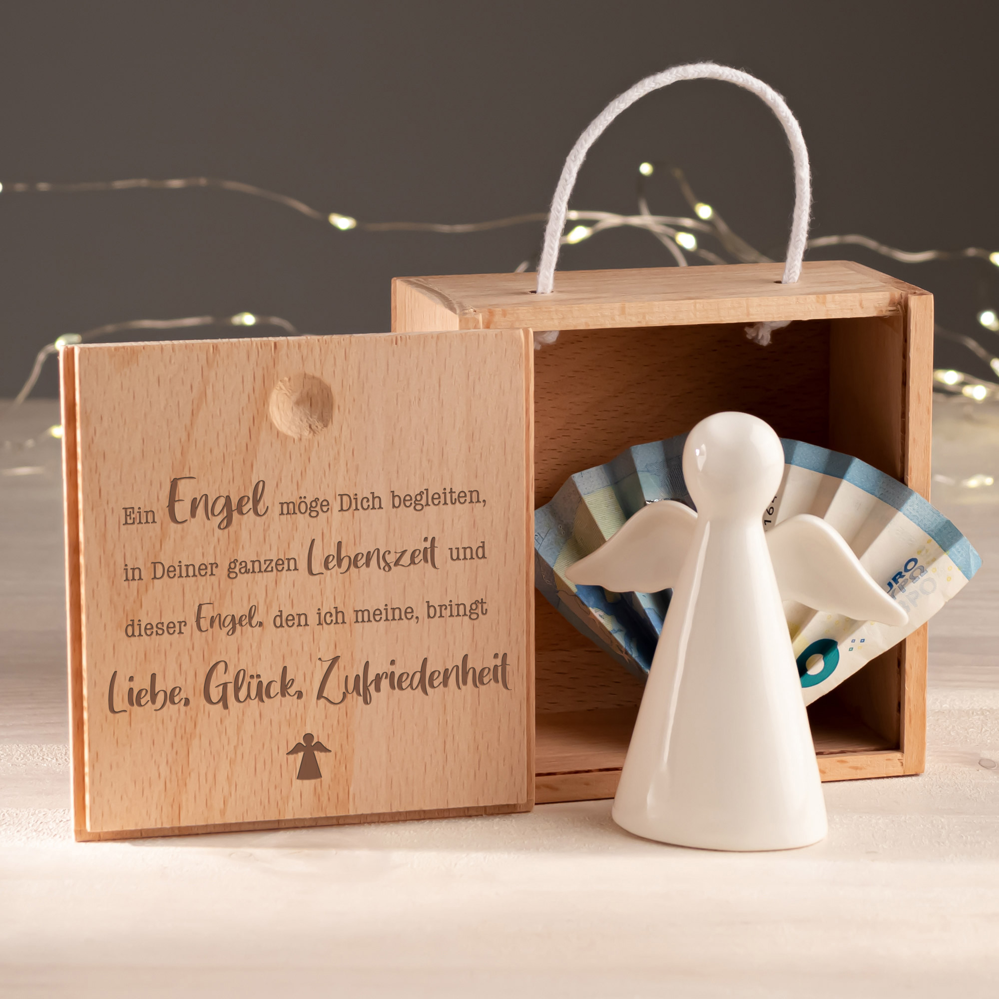 Schutzengel in gravierter Geschenkbox, Deko Engelfigur als Geldgeschenk Weihnachten, Engel in Holzbox mit graviertem Sprichwort als Glücksbringer