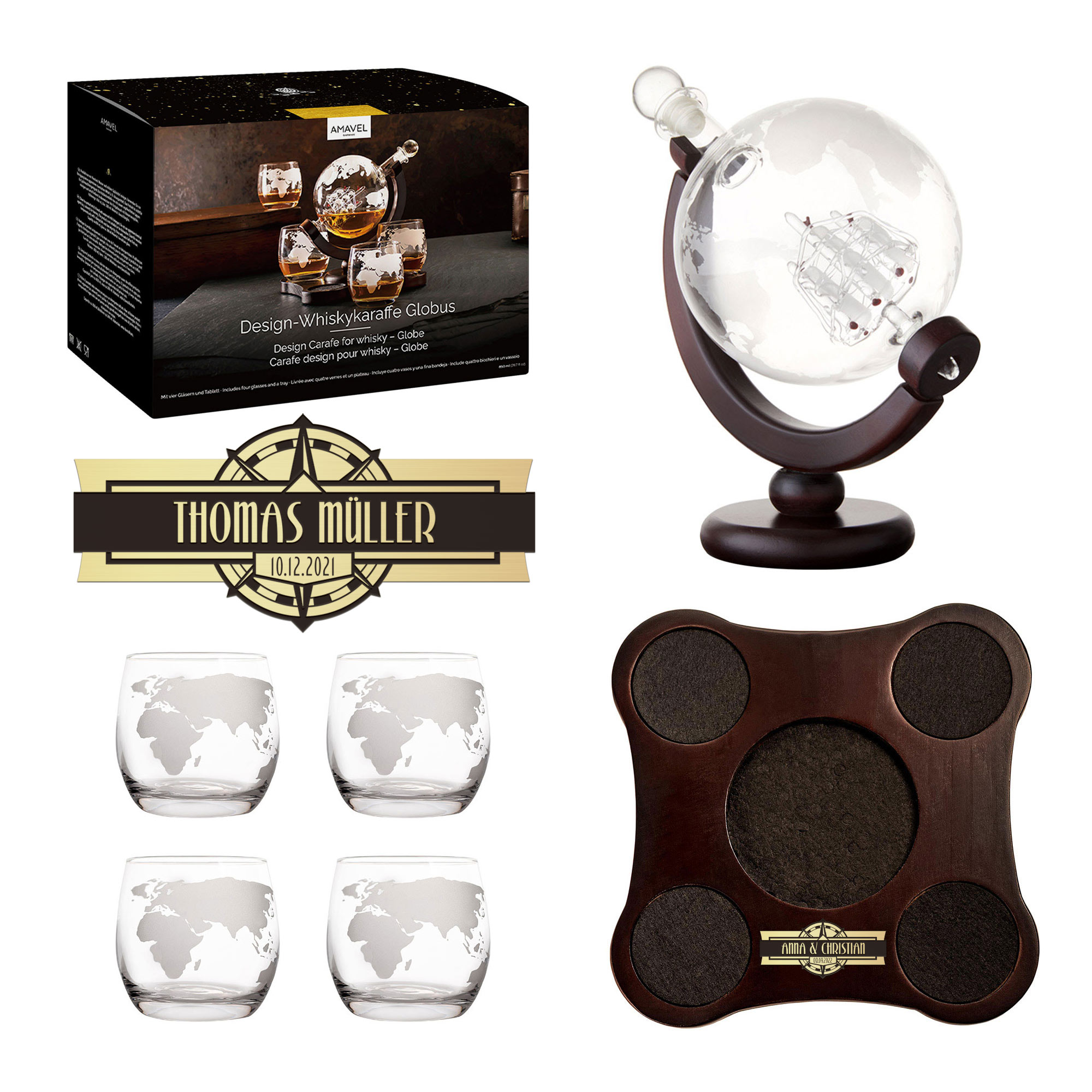 Whisky Set mit Gravur - Karaffe Globus mit Schiff und 4 Gläsern