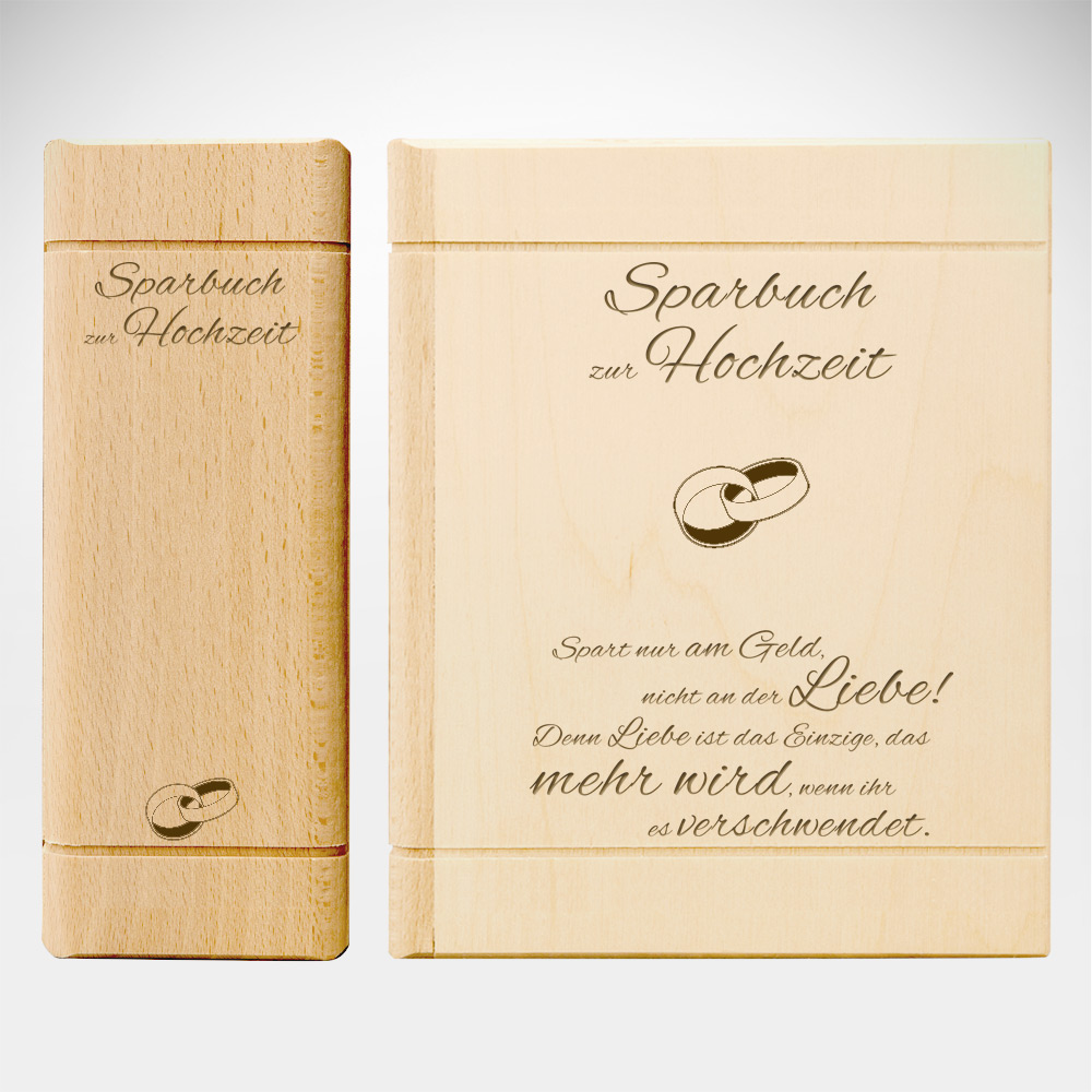 Spardose Buch aus Holz zur Hochzeit mit Spruch