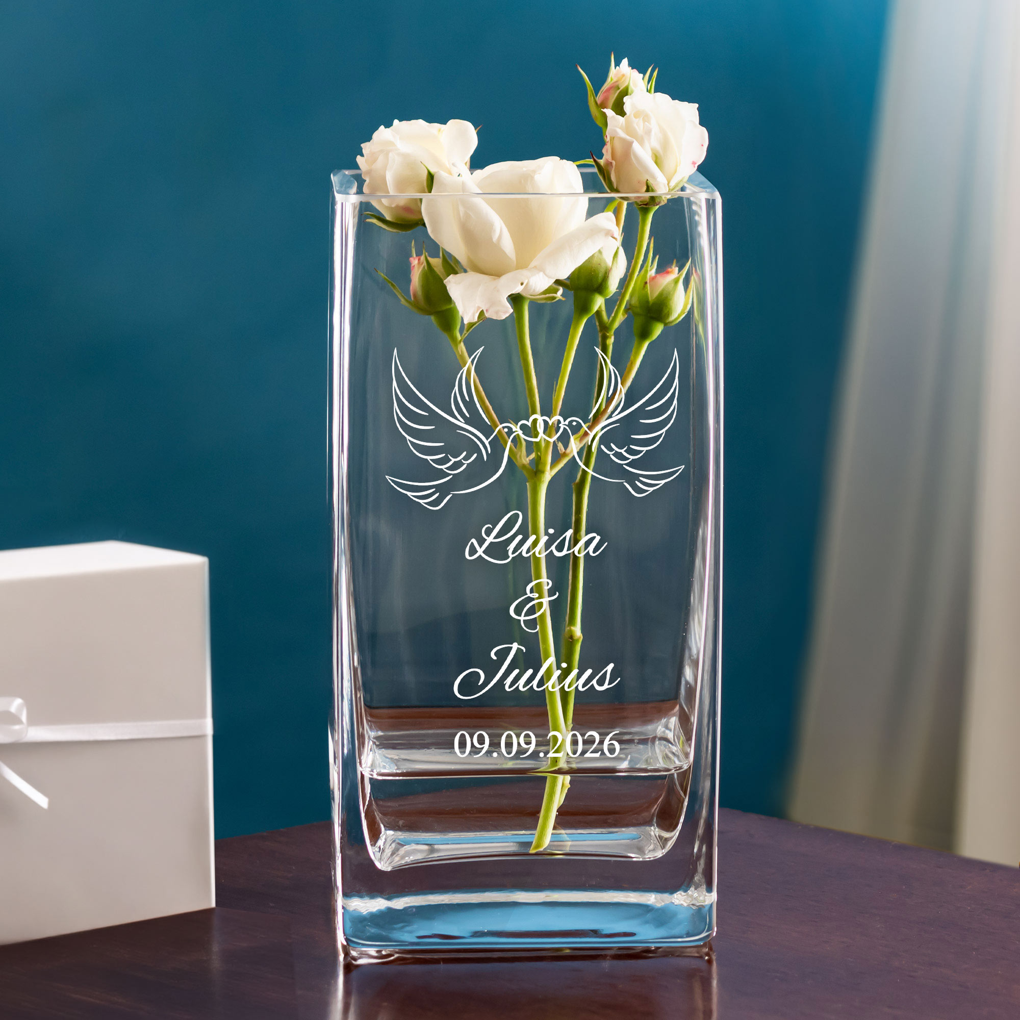 Vase mit Gravur Liebestauben