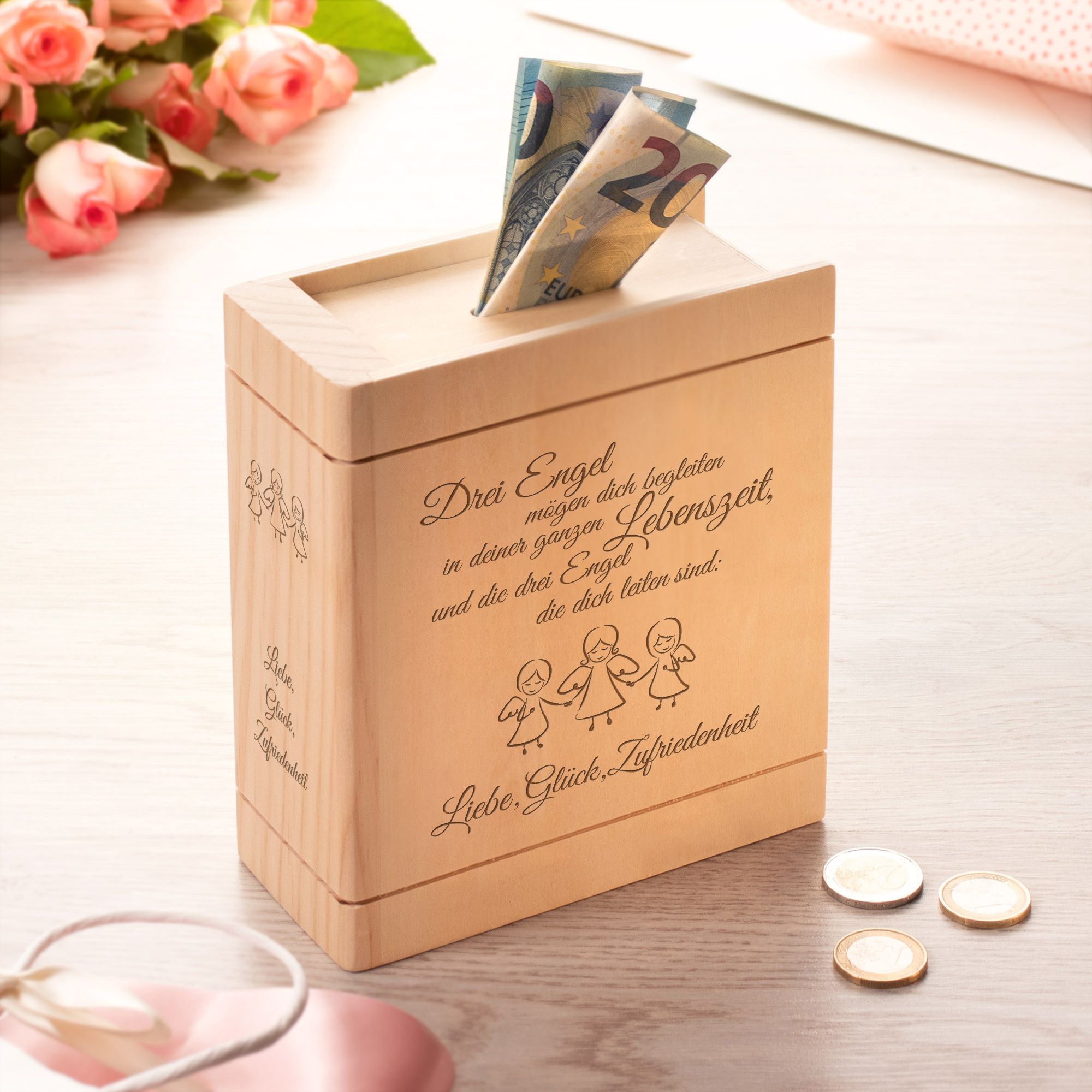 Spardose Buch aus Holz mit Gravur Schutzengel