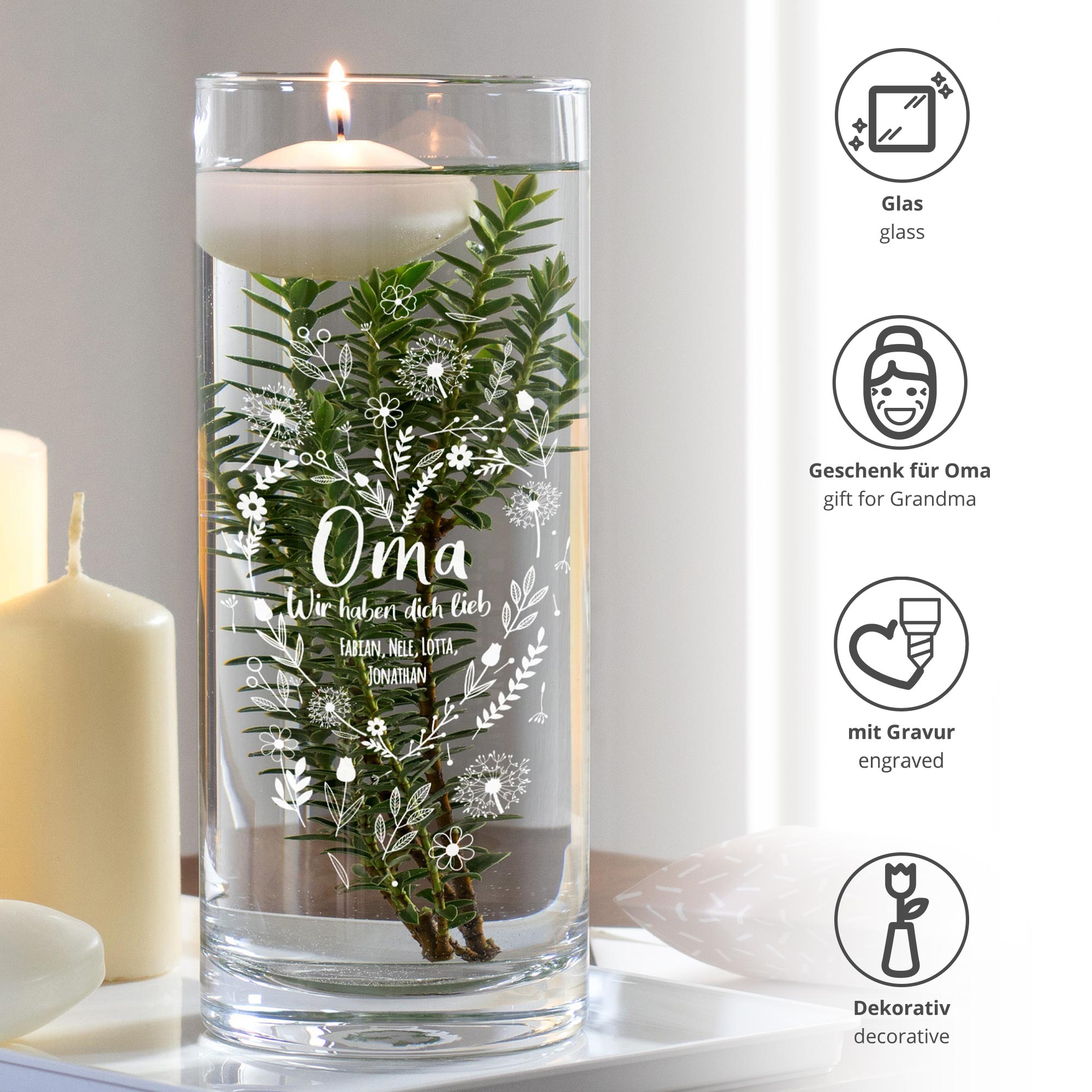 Runde Vase mit Gravur für Oma - Blumenherz