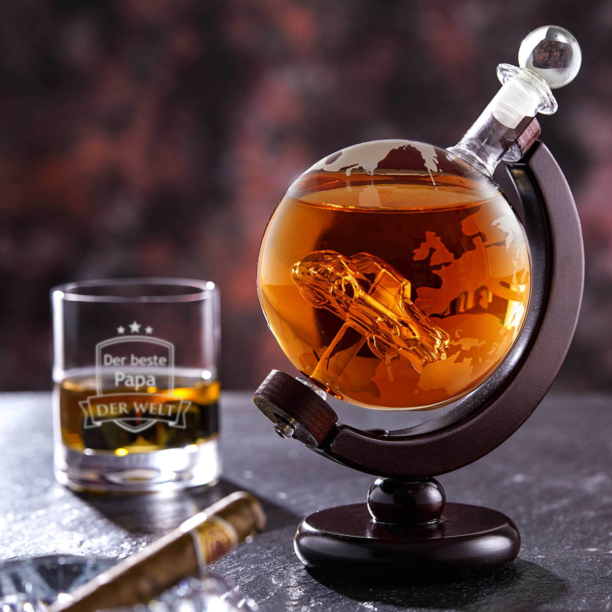 Whiskyset - Karaffe Globus mit Auto und Whiskyglas - Bester Papa