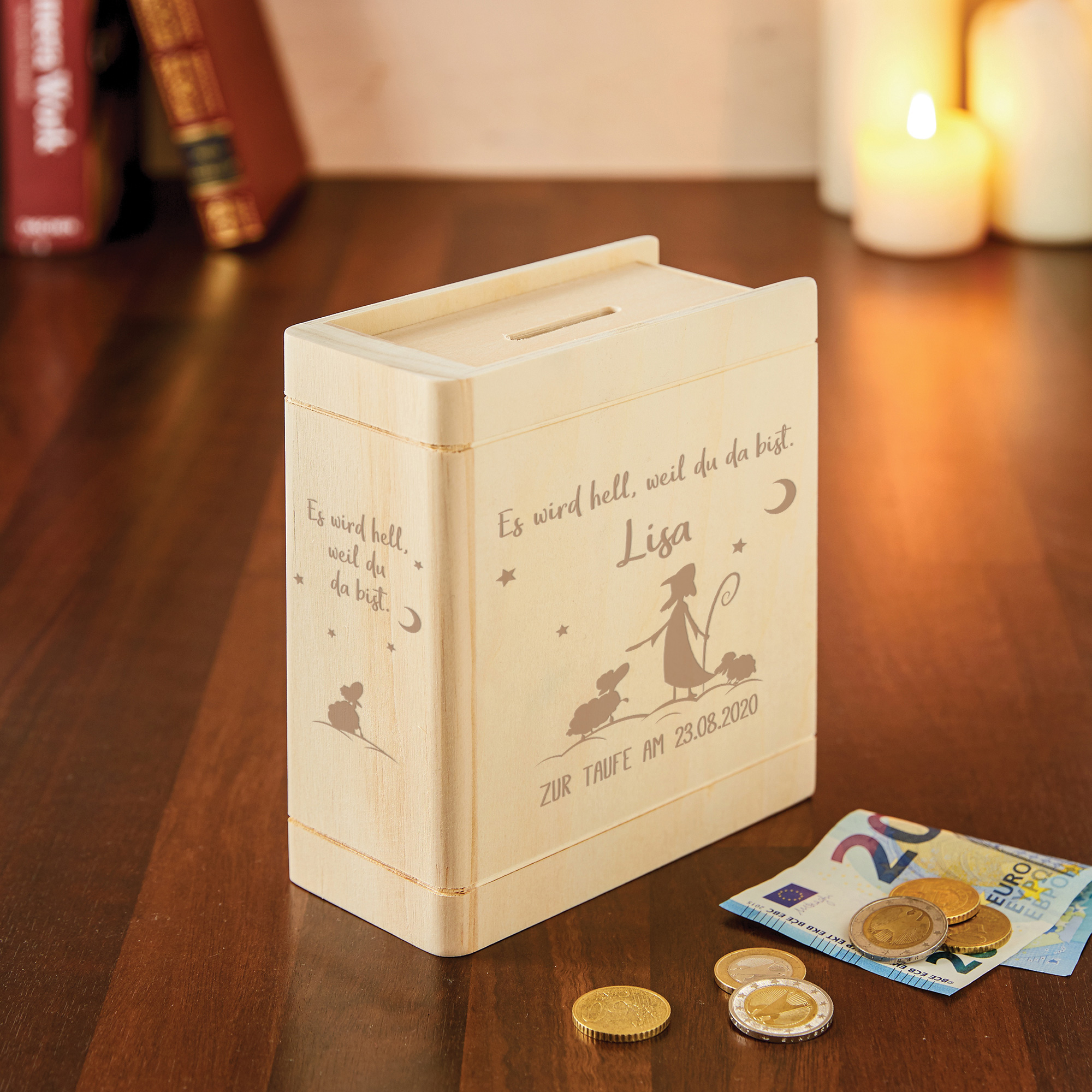 Spardose - Buch aus Holz mit Gravur zur Taufe - Hirte - Personalisiert