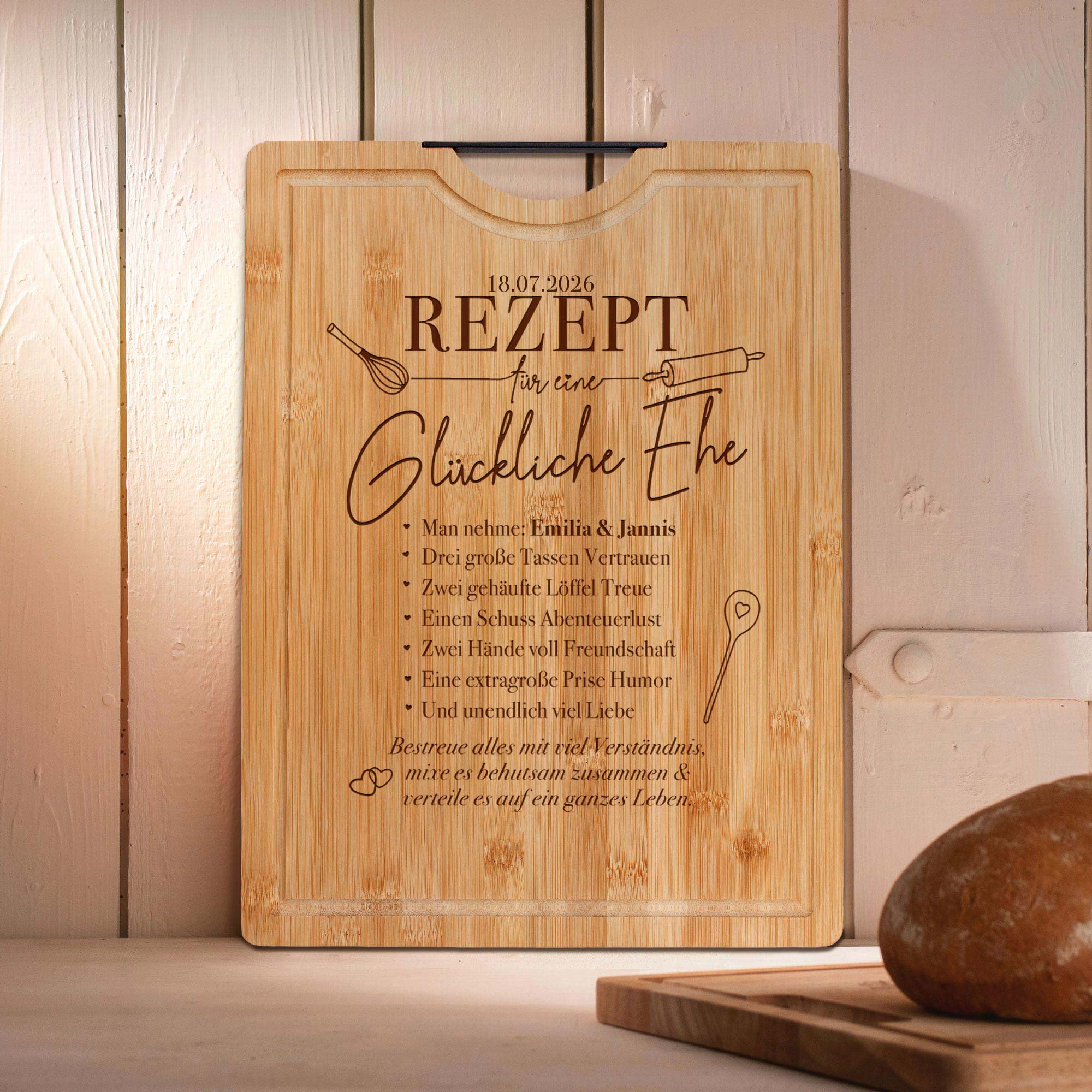 Bambusholz Grillbrett mit Metallgriff - Rezept glückliche Ehe