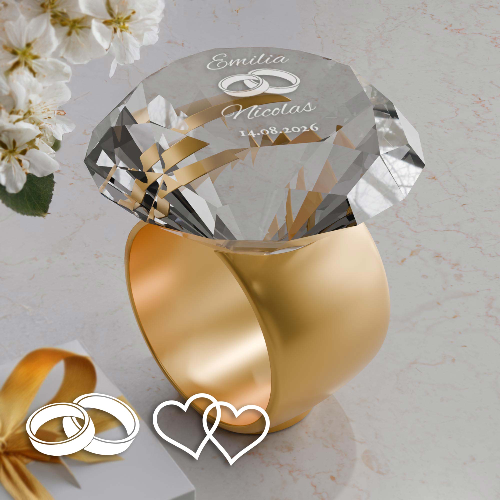 Diamant Kristall mit Gravur zur Hochzeit und Ring Displayständer