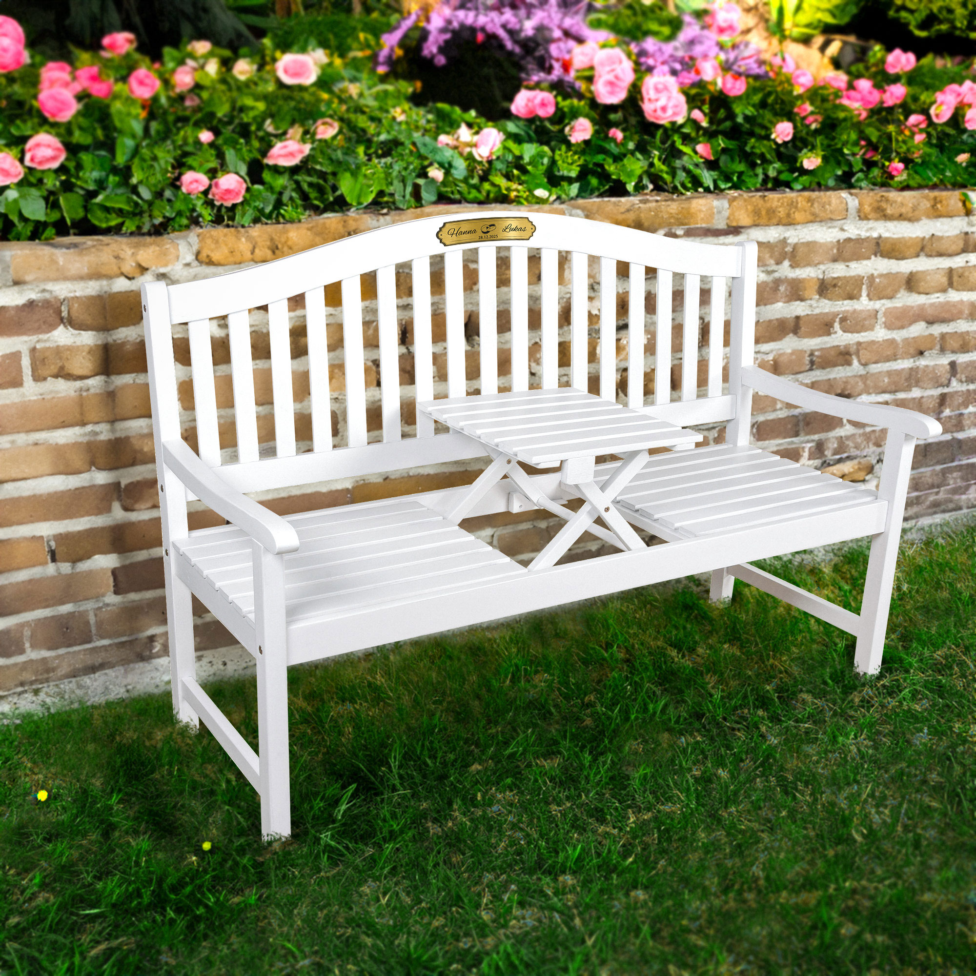 Gartenbank zur Hochzeit mit personalisierter Plakette - Weiß