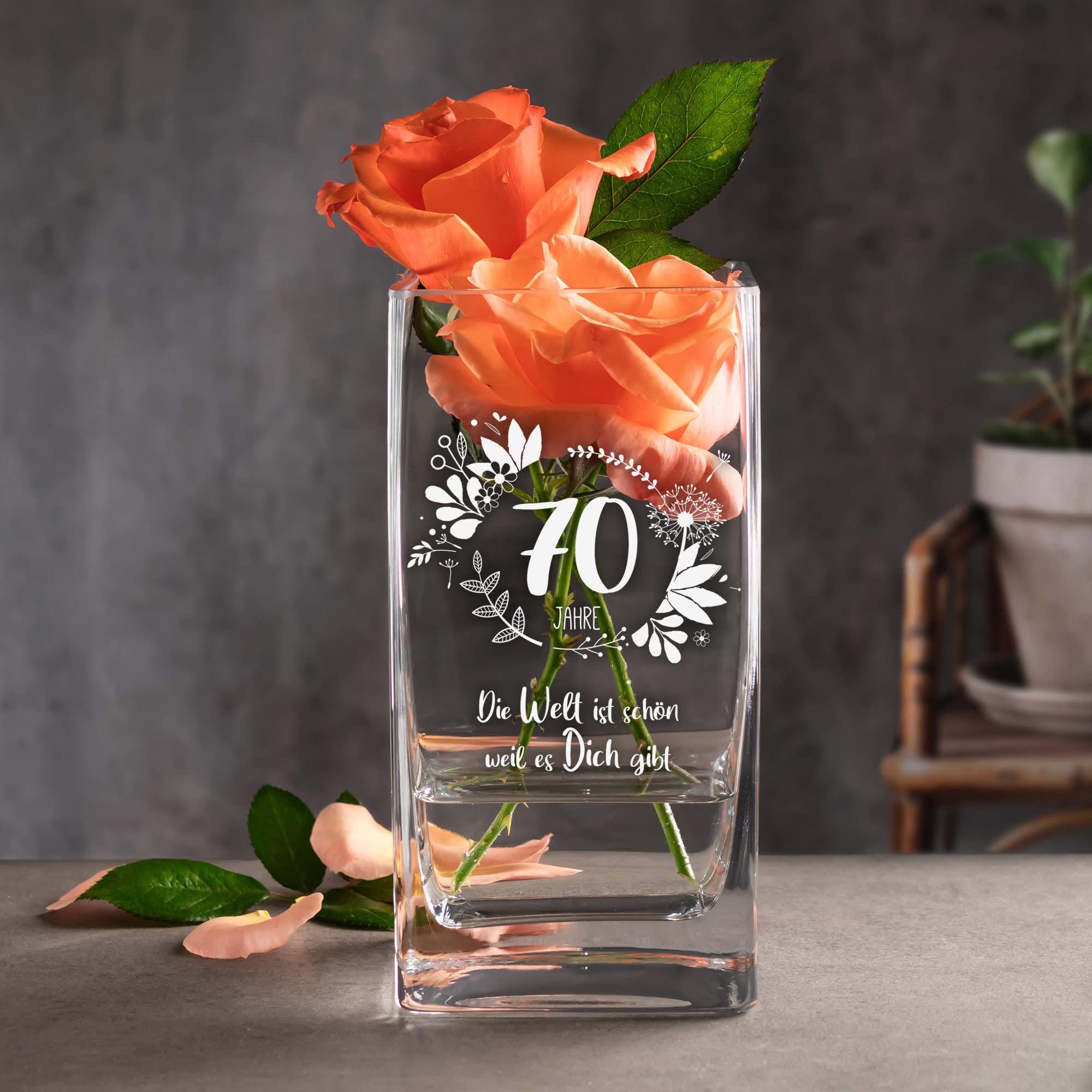 Eckige Vase mit Gravur zum 70. Geburtstag
