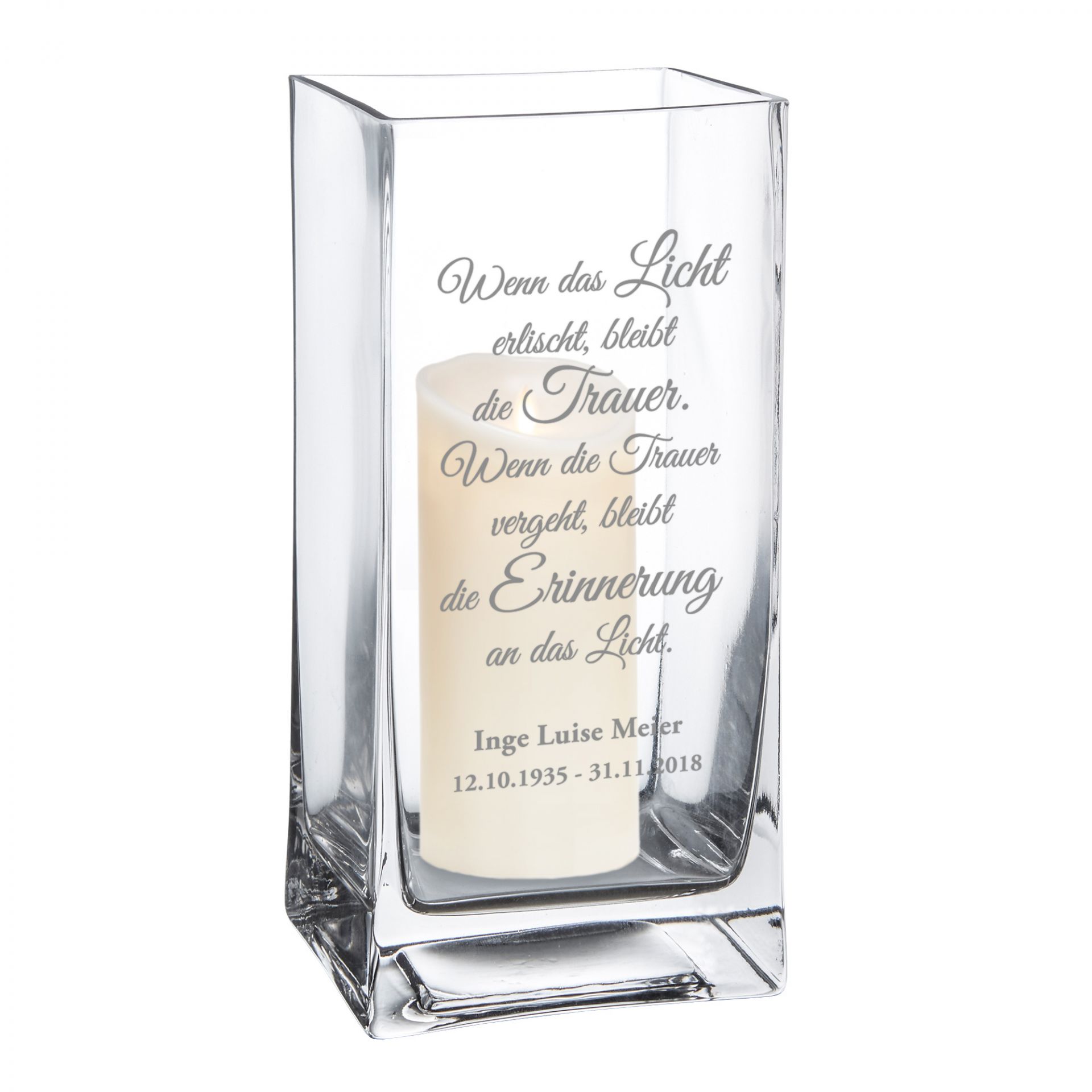 Gläserne Vase mit Gravur Trauer personalisiert